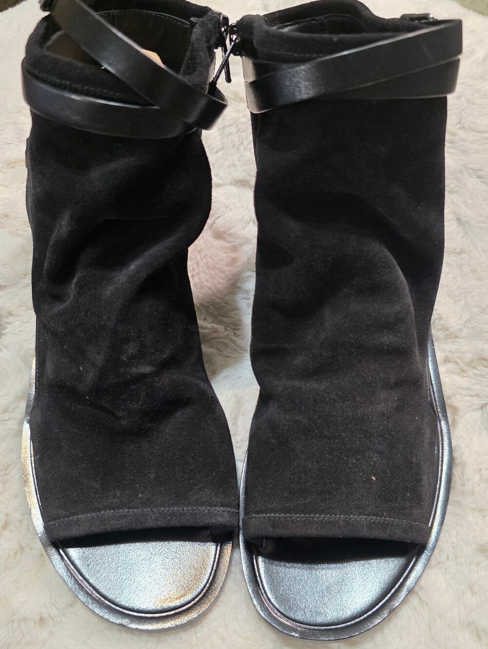 Vince Black Suede Open-Toe Ankle Sandals with leather Strap Details